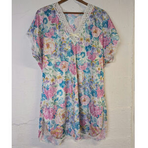 Vtg Floral Nightgown Chemise Sleepwear Womens Large Lace Bow Coquette Granny